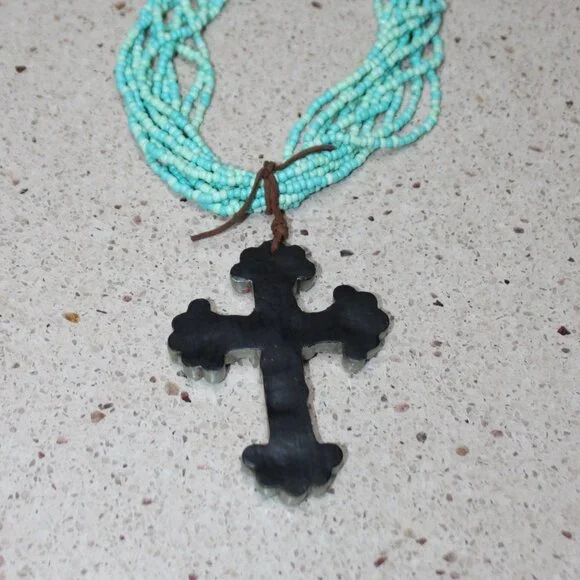 Beautiful Turquoise & Orange Large Cross on Leather Tied to Multi Bead Necklace - Picture 11 of 11
